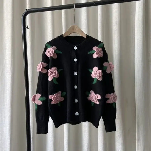 Flower Round Neck Knitted Cardigan