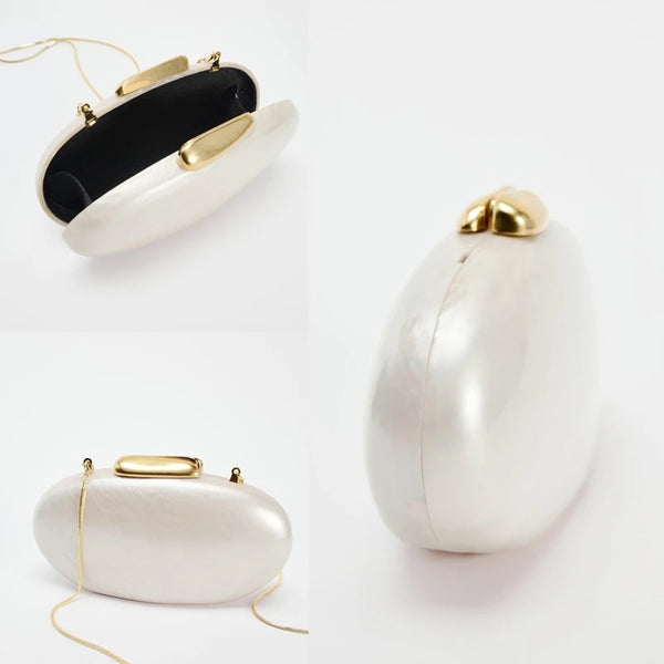 Hard Shell Gold & Pearl Ivory Clutch Bag