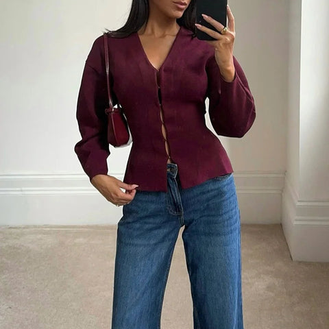 Knitted Burgundy Grey V-neck Slim Cardigan